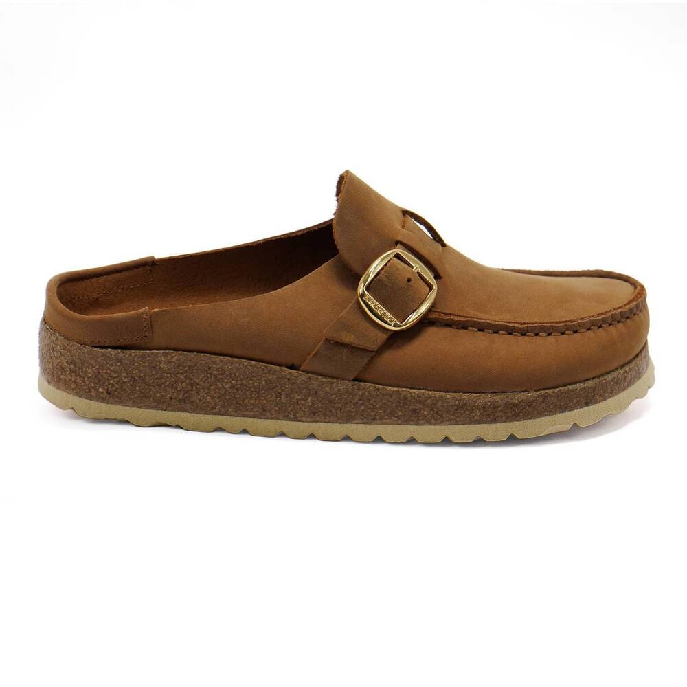NEW BIRKENSTOCK women's buckley slip-on clog shoes in cognac